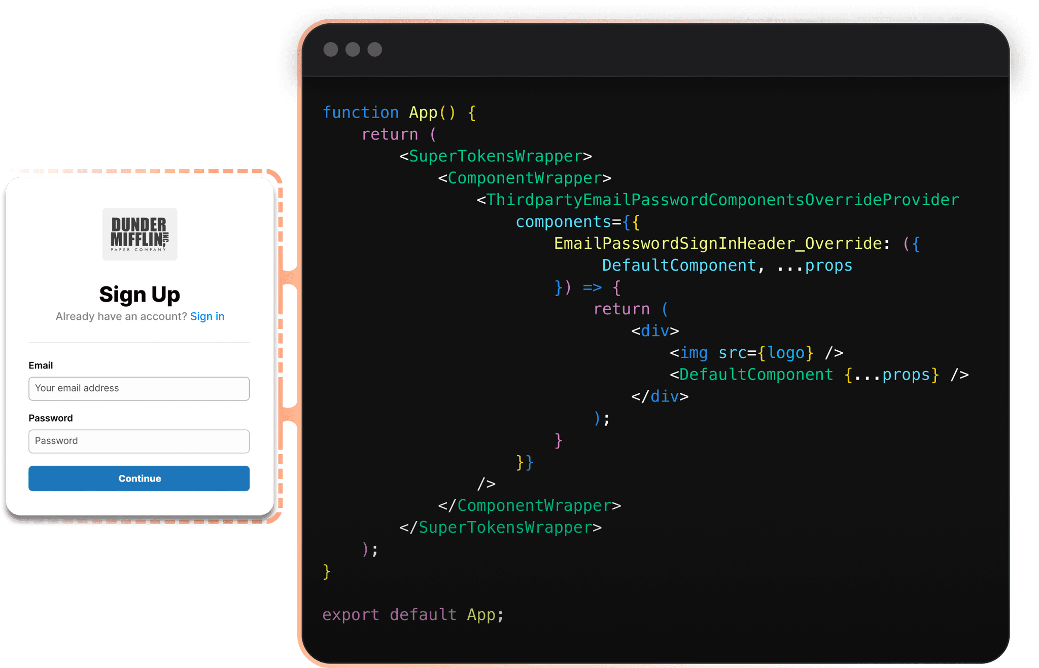 Dunder muffin login form with overrides example code snippet for web