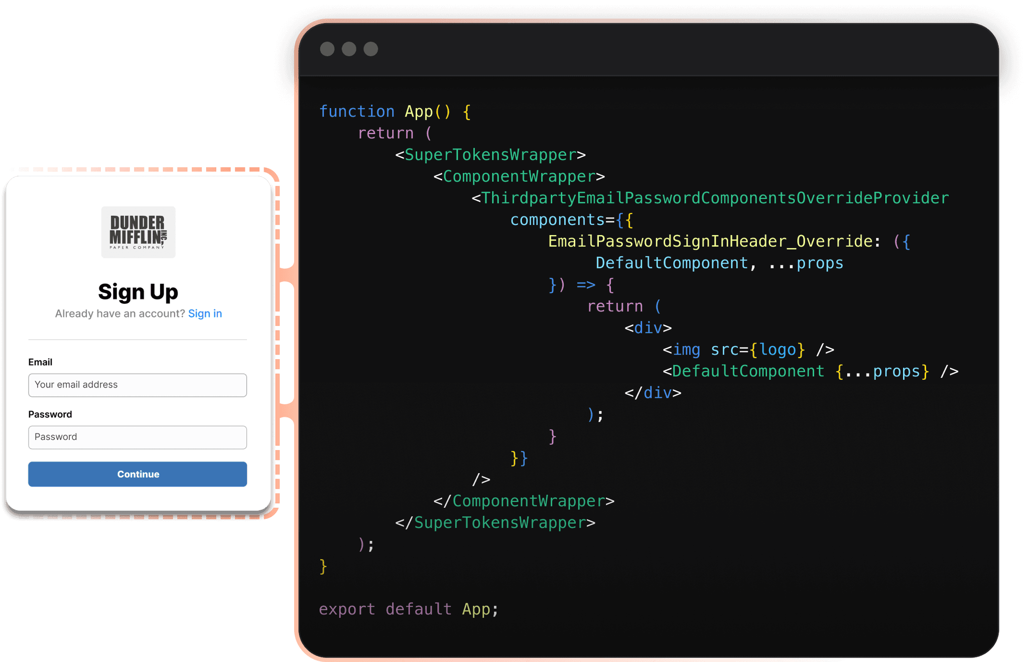 Dunder muffin login form with overrides example code snippet for web